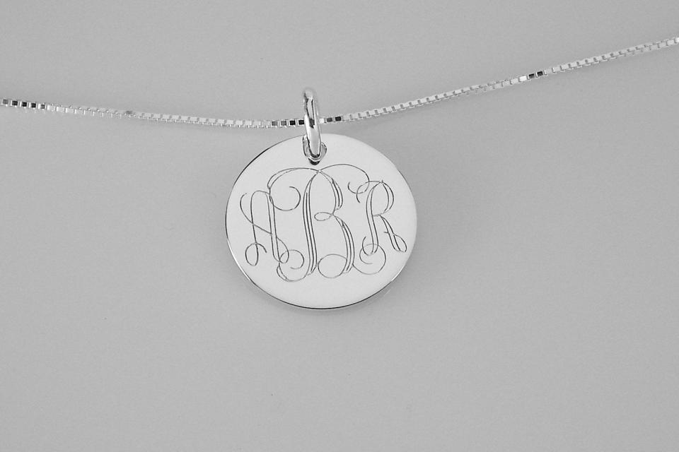 Monogram Necklace Custom Engraved Sterling Silver 1 Inch Round Personalized - Hand Engraved