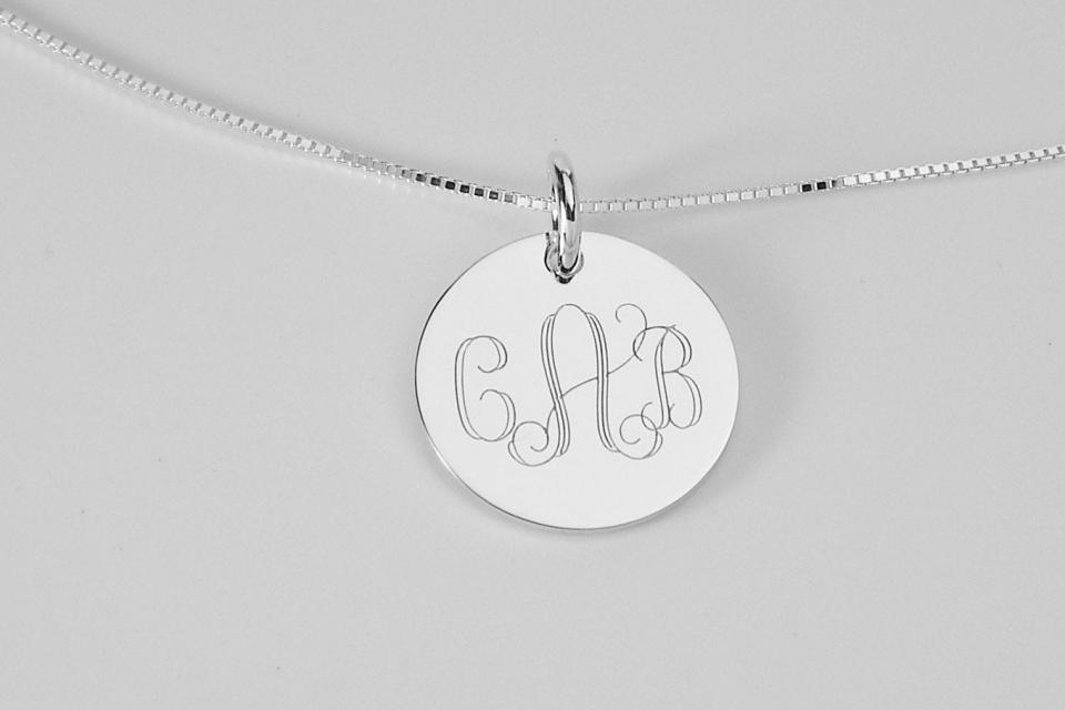 Monogram Necklace Custom Engraved Sterling Silver 1 Inch Round Personalized - Hand Engraved