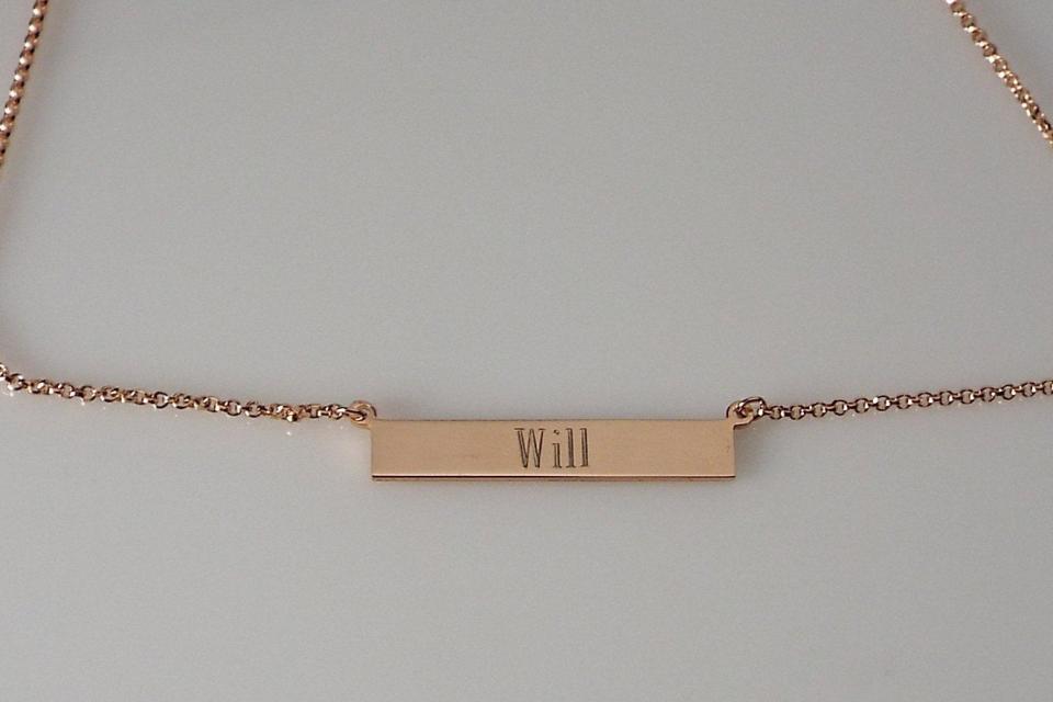 Personalized Thin Bar Rose Gold Plated Sterling Silver Name Necklace Custom Engraved - Hand Engraved
