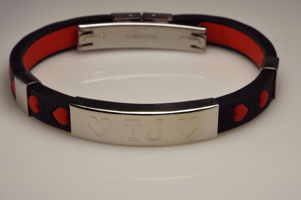 Personalized Jewelry Custom Engraved Black Silicone With Red Hearts Rubber and Stainless Steel ID Bracelet 8 Inch Length - Hand Engraved