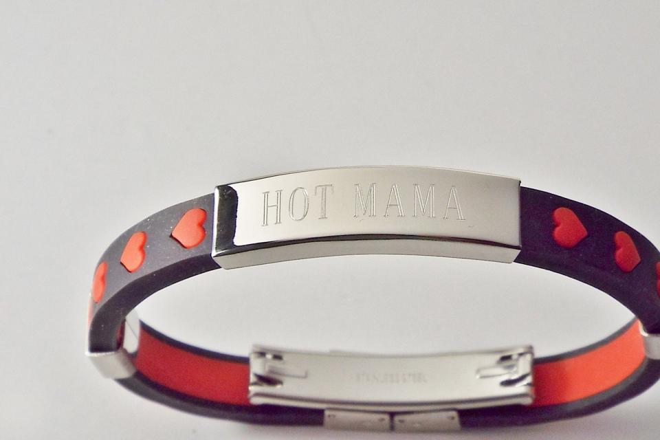 Personalized Jewelry Custom Engraved Black Silicone With Red Hearts Rubber and Stainless Steel ID Bracelet 8 Inch Length - Hand Engraved