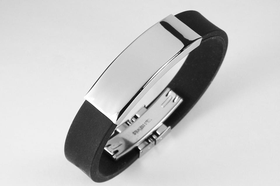 Personalized Jewelry Custom Engraved Black Silicone Rubber and Stainless Steel ID Bracelet 8 Inch - Hand Engraved