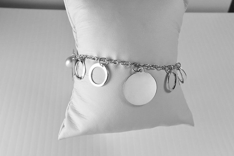 Custom Engraved Monogram Bracelet Sterling Silver Circles and Pearl Drops Personalized Bracelet - Hand Engraved