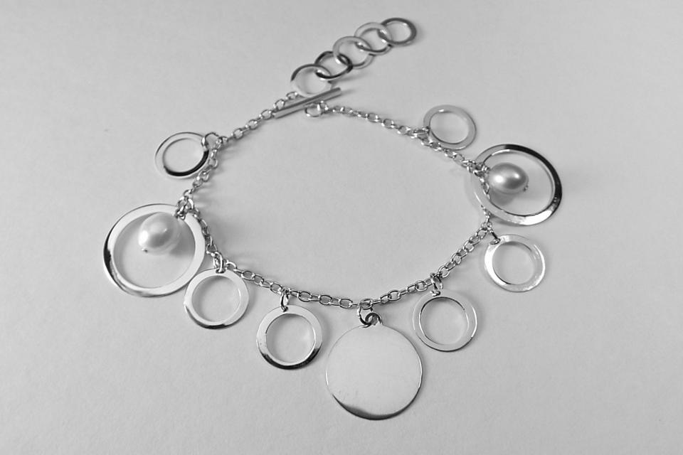 Custom Engraved Monogram Bracelet Sterling Silver Circles and Pearl Drops Personalized Bracelet - Hand Engraved