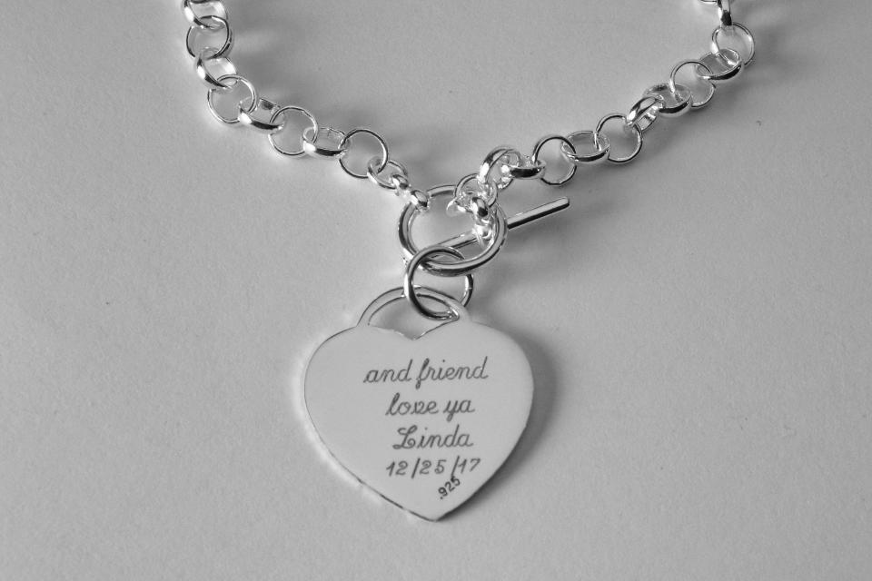 Personalized Bracelet Custom Engraved Sterling Silver Heart Charm Bracelet - Hand Engraved