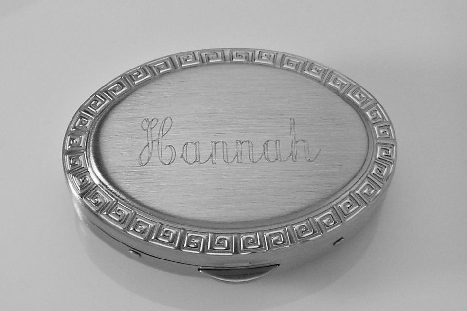 Custom Engraved Pill Box Personalized Silver Oval with Greek Key Design Mirror and Removable Divider  -Hand Engraved