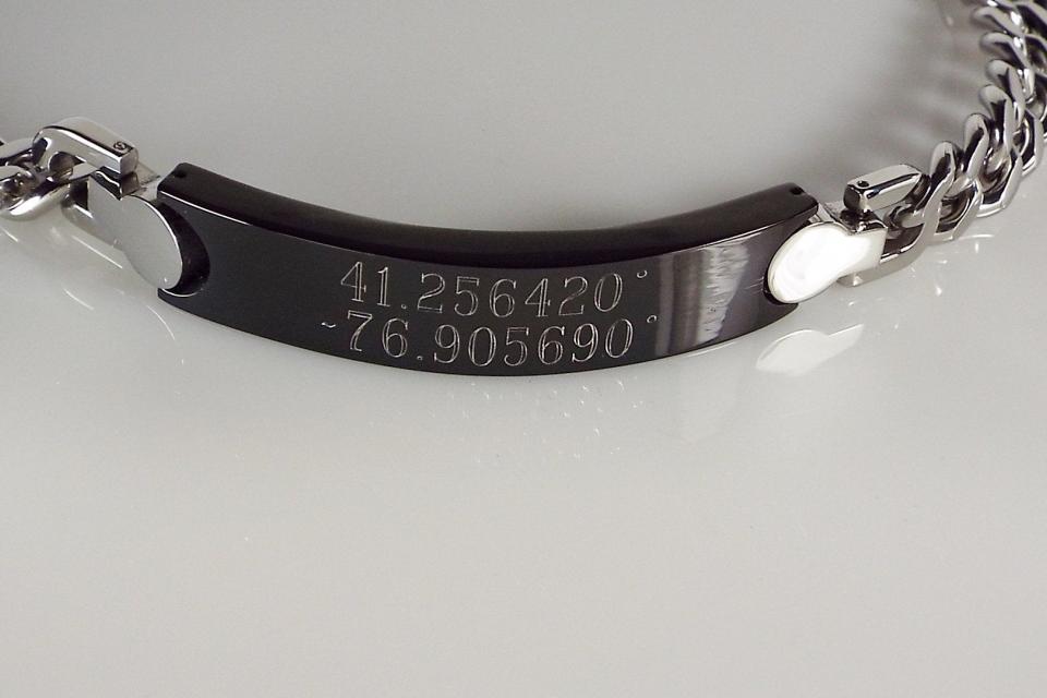 Engraved ID Bracelet Personalized Custom 8.25 Inch Solid Stainless Steel with Black ID Plate  - Hand Engraved