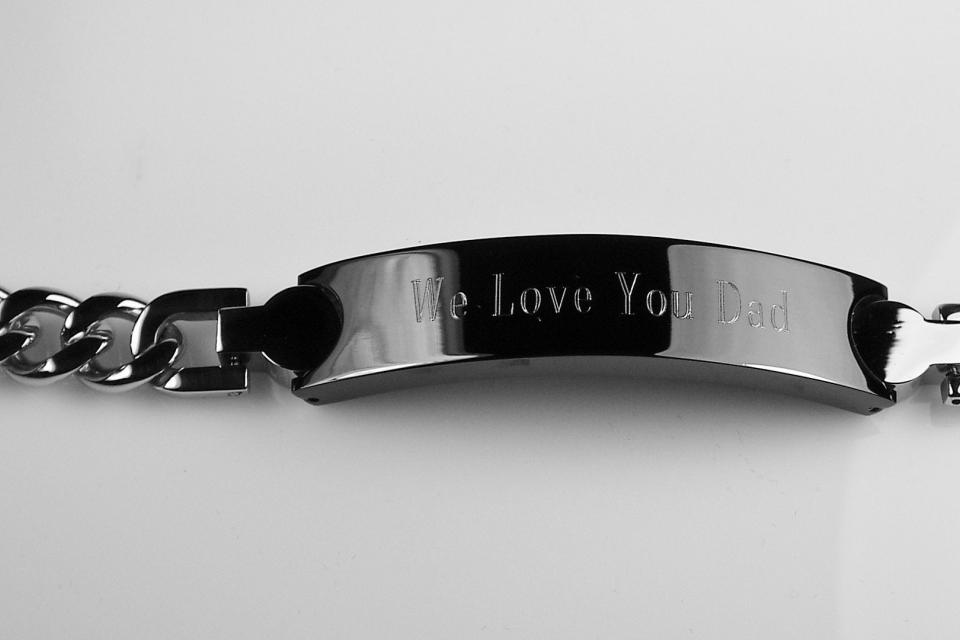 Engraved ID Bracelet Personalized Custom 8.25 Inch Solid Stainless Steel with Black ID Plate  - Hand Engraved