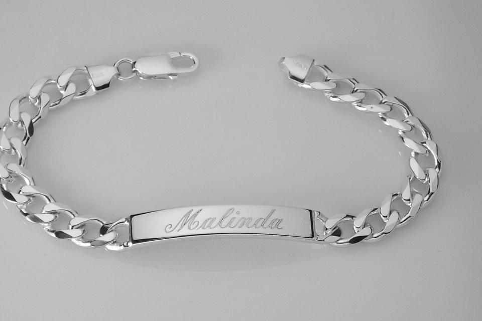 Custom Engraved ID Bracelet Sterling Silver 8 Inch Length Personalized Heavy Curb Link- Hand Engraved