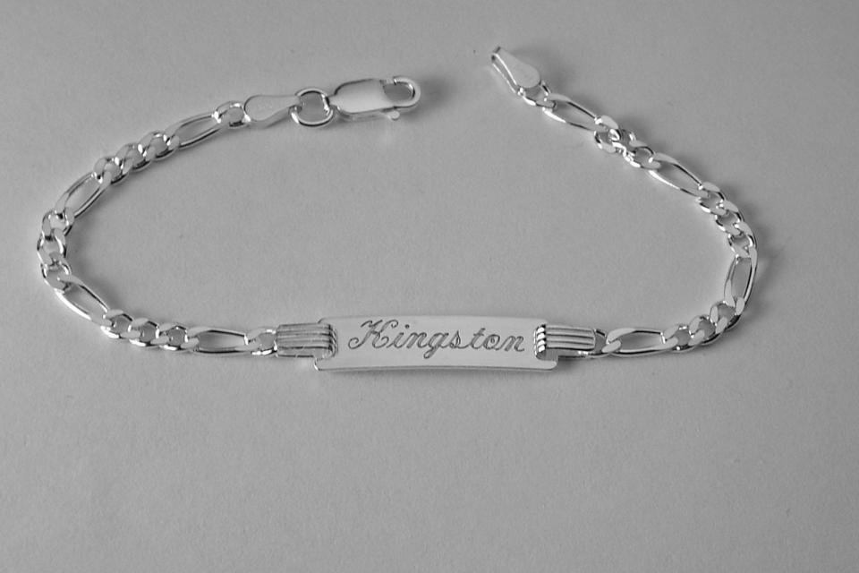 Custom Engraved Sterling Silver Childs ID Bracelet with Figaro Style Chain 6 Inch Length - Hand Engraved