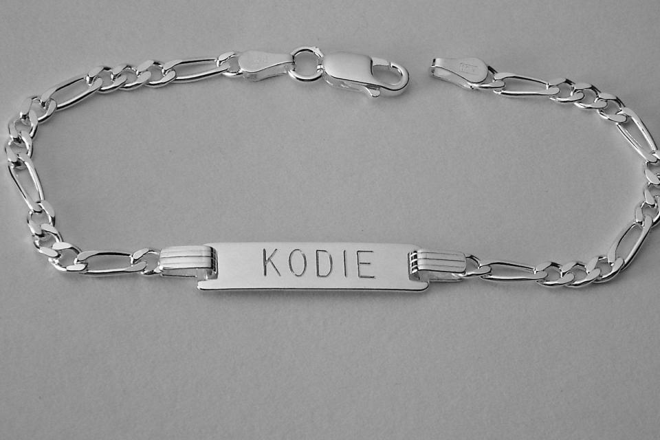 Custom Engraved Sterling Silver Childs ID Bracelet with Figaro Style Chain 6 Inch Length - Hand Engraved