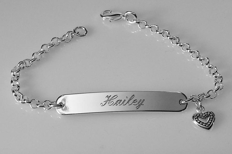 Custom Engraved Personalized Silver Plated ID Bracelet with Heart Charm  - Hand Engraved