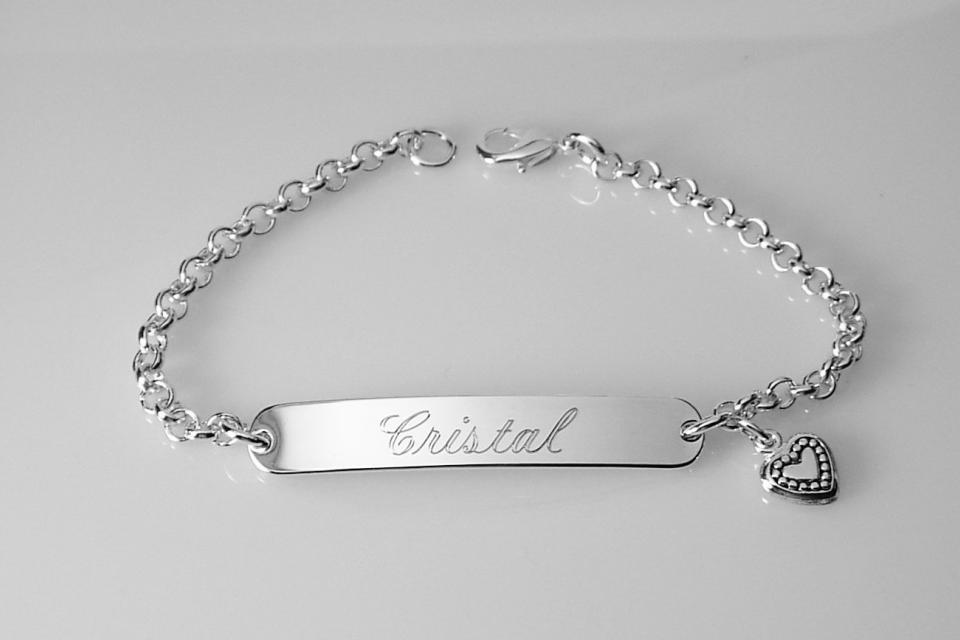 Custom Engraved Personalized Silver Plated ID Bracelet with Heart Charm  - Hand Engraved