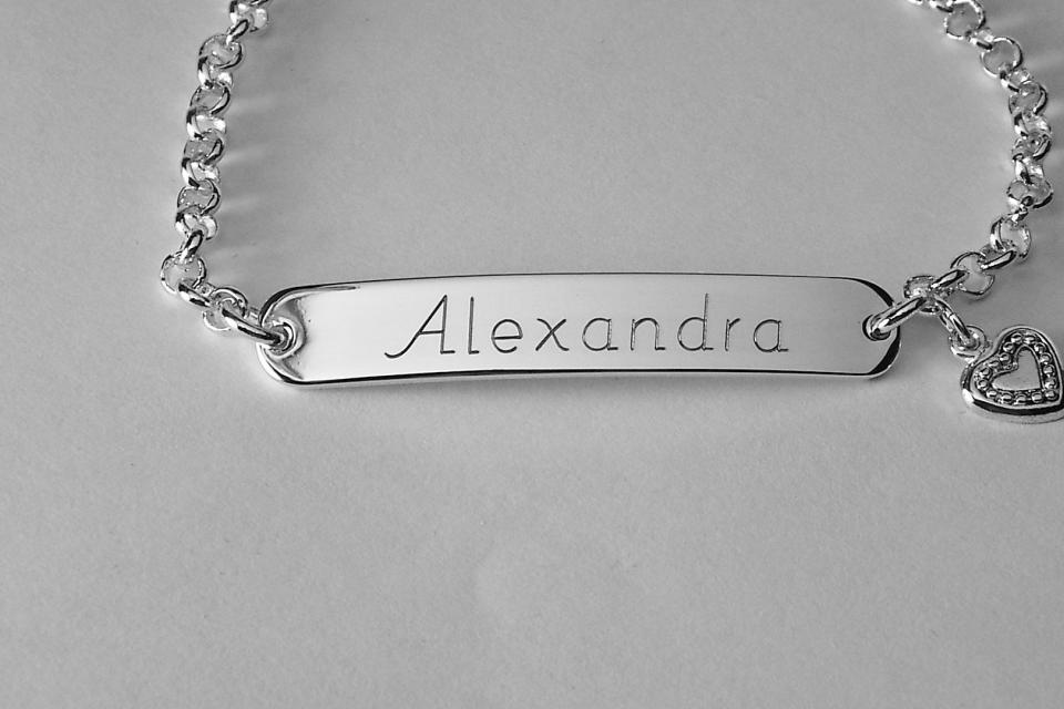 Custom Engraved Personalized Silver Plated ID Bracelet with Heart Charm  - Hand Engraved