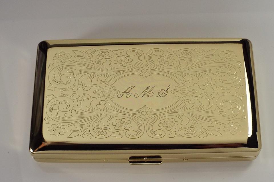 Personalized Golden 120s Cigarette Case Double Sided with Scroll Design Custom Engraved -Hand Engraved