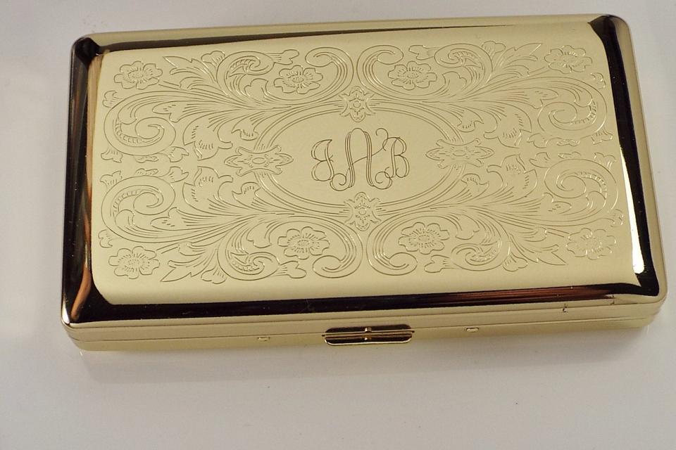 Personalized Golden 120s Cigarette Case Double Sided with Scroll Design Custom Engraved -Hand Engraved