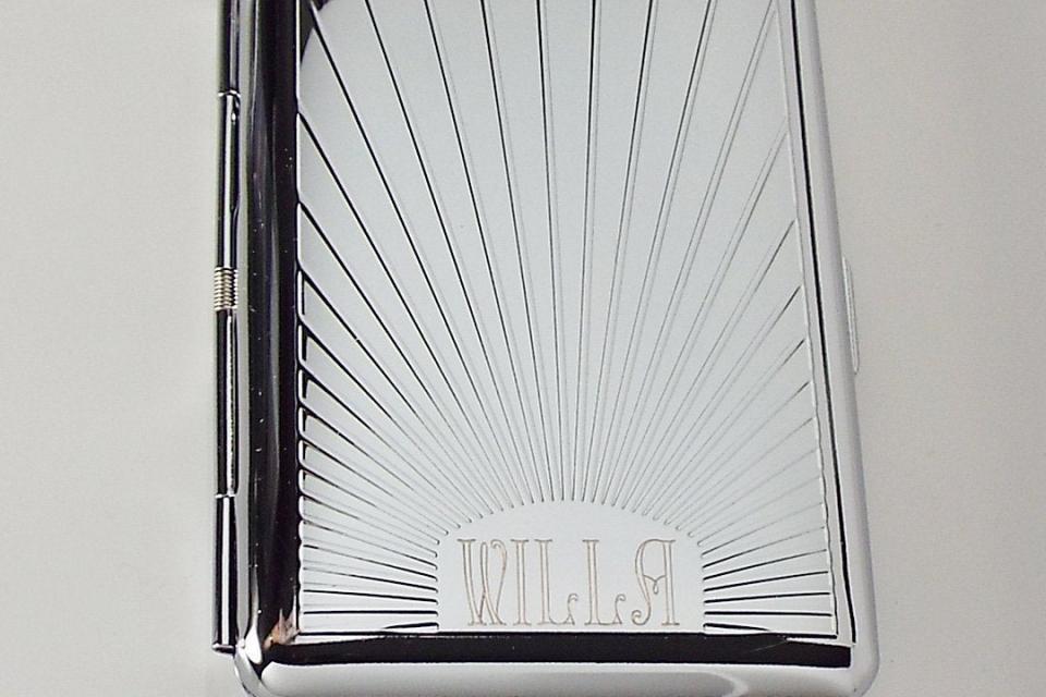 Engraved Personalized Business Card Case or Kings Cigarette Case Double Sided Sun Ray Design -Hand Engraved