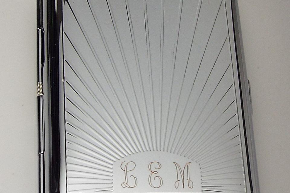 Engraved Personalized Business Card Case or Kings Cigarette Case Double Sided Sun Ray Design  -Hand Engraved