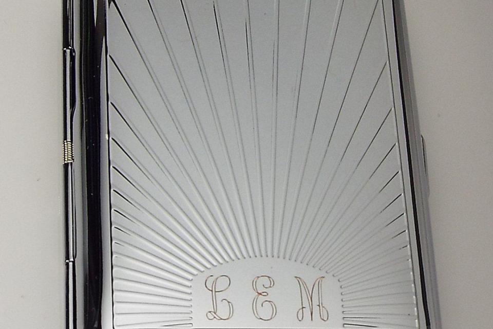 Engraved Personalized Business Card Case or Kings Cigarette Case Double Sided Sun Ray Design -Hand Engraved