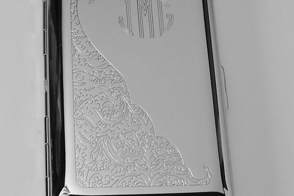 Custom Engraved Business Card Case Scroll Design Business Card or Single Sided Cigarette Case  -Hand Engraved