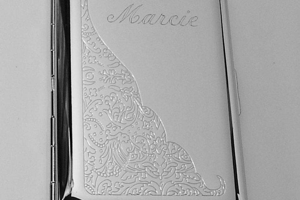 Custom Engraved Business Card Case Scroll Design Business Card or Single Sided Cigarette Case  -Hand Engraved