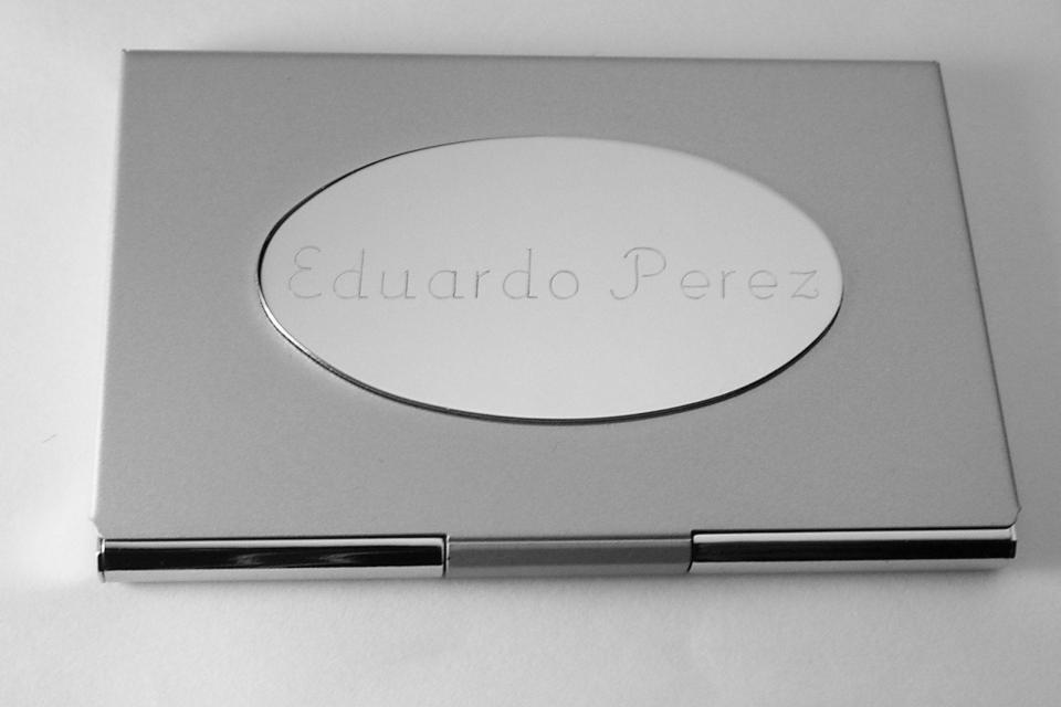 Custom Engraved Personalized Business Card Holder with Oval Engraving Plate  -Hand Engraved