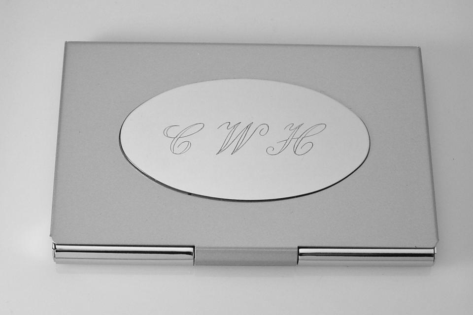 Custom Engraved Personalized Business Card Holder with Oval Engraving Plate  -Hand Engraved