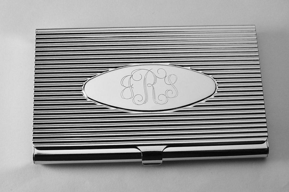 Custom Engraved Business Card Case Silver Ribbed Design with Personalized Oval Center  -Hand Engraved