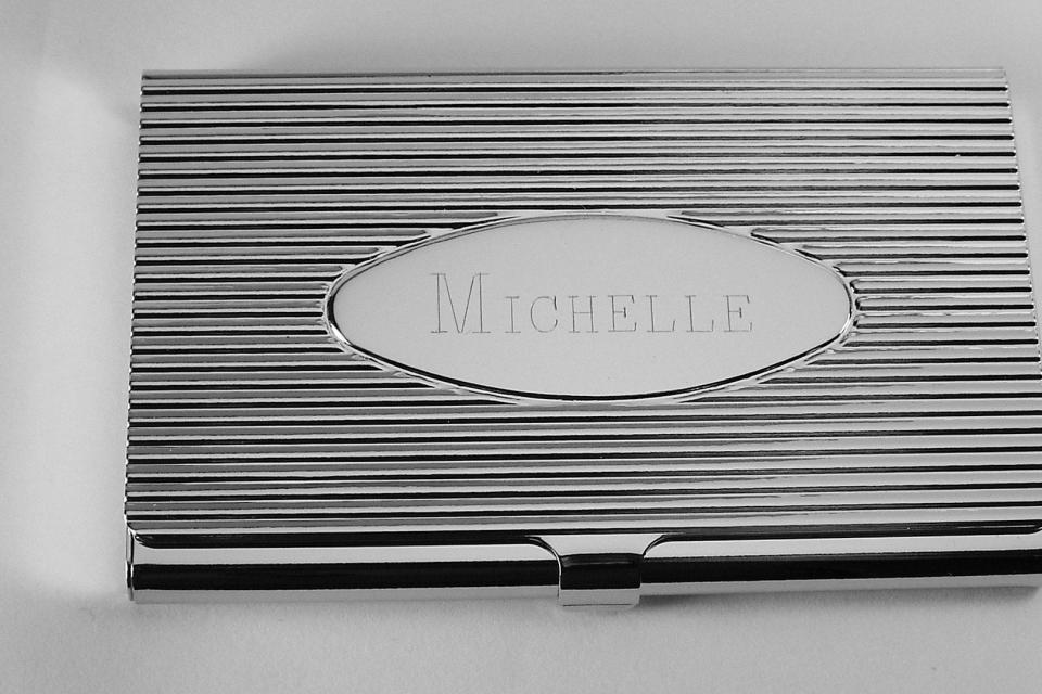 Custom Engraved Business Card Case Silver Ribbed Design with Personalized Oval Center  -Hand Engraved