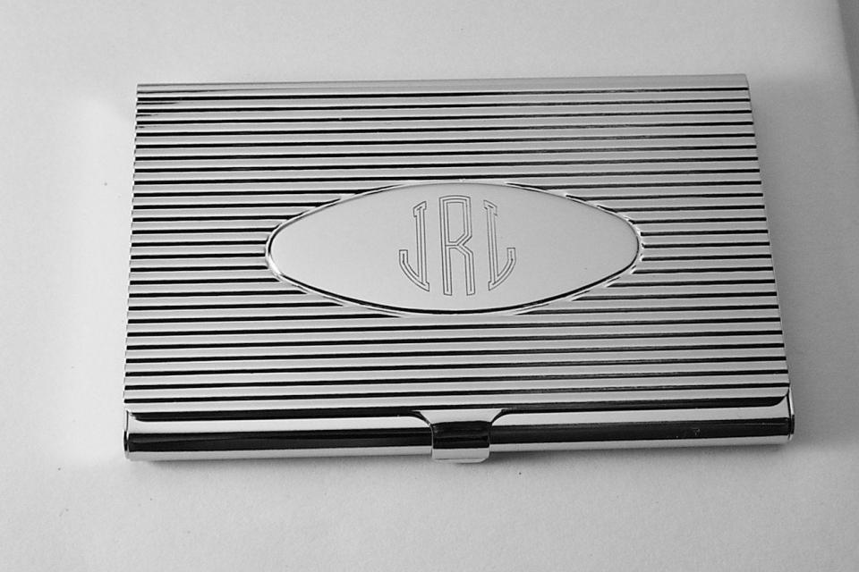 Custom Engraved Business Card Case Silver Ribbed Design with Personalized Oval Center -Hand Engraved