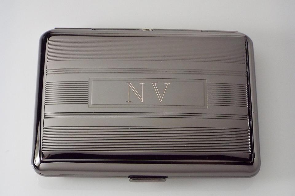 Engraved Gloss Black Business Card Case Personalized Double Sided Linear Design or Kings Cigarette Case -Hand Engraved