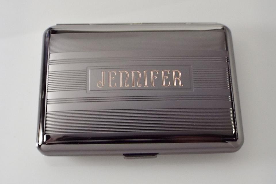 Engraved Gloss Black Business Card Case Personalized Double Sided Linear Design or Kings Cigarette Case -Hand Engraved