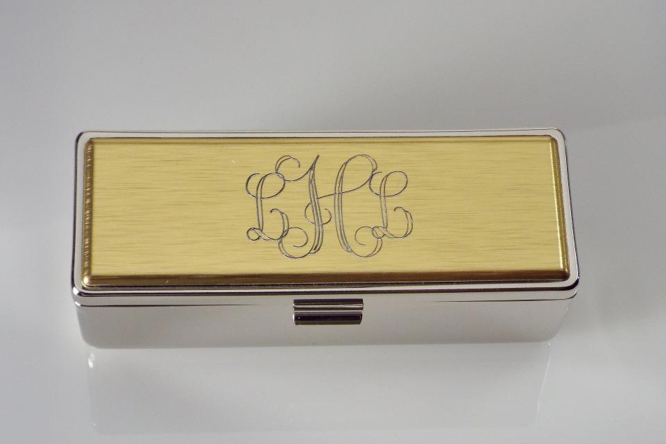 Engraved Lipstick Case Personalized Custom Single Lipstick Case with Mirror Two Tone Silver with Gold Top - Hand Engraved