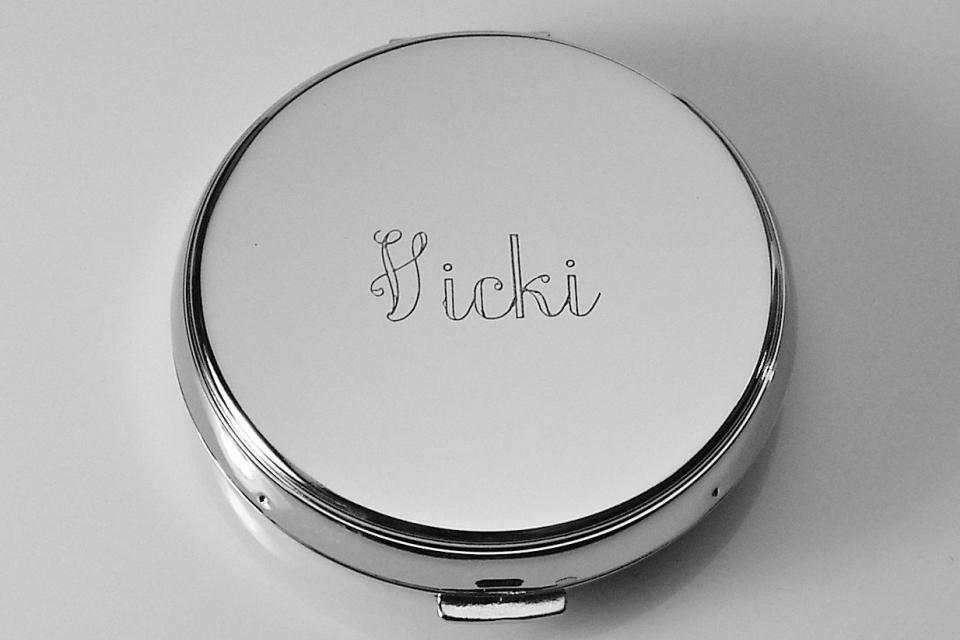 Custom Engraved Compact Mirror Personalized Non Tarnish Nickel Plated Flat Purse Mirror - Hand Engraved