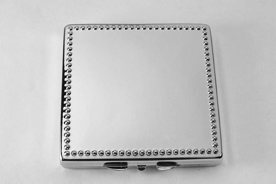 Engraved Compact Mirror Square Personalized Non Tarnish Nickel Plated with Bead Trim Purse Mirror  - Hand Engraved