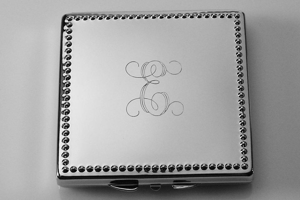 Engraved Compact Mirror Square Personalized Non Tarnish Nickel Plated with Bead Trim Purse Mirror - Hand Engraved