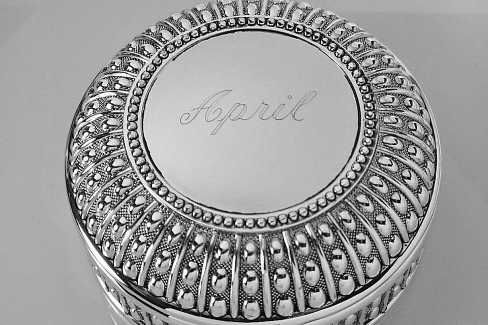 Custom Engraved Personalized Silver Plated Round Beaded Design Jewelry Trinket Box - Hand Engraved