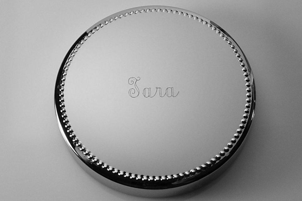 Custom Engraved Personalized Silver Round Jewelry Box with Beaded Trim - Hand Engraved