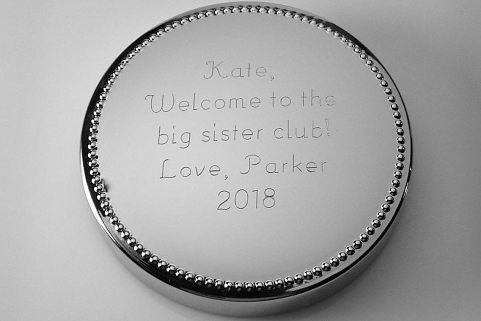 Custom Engraved Personalized Silver Round Jewelry Box with Beaded Trim - Hand Engraved