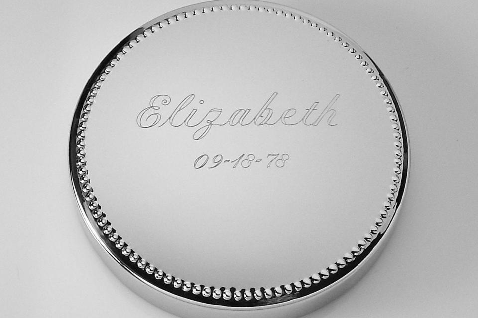 Custom Engraved Personalized Silver Round Jewelry Box with Beaded Trim - Hand Engraved