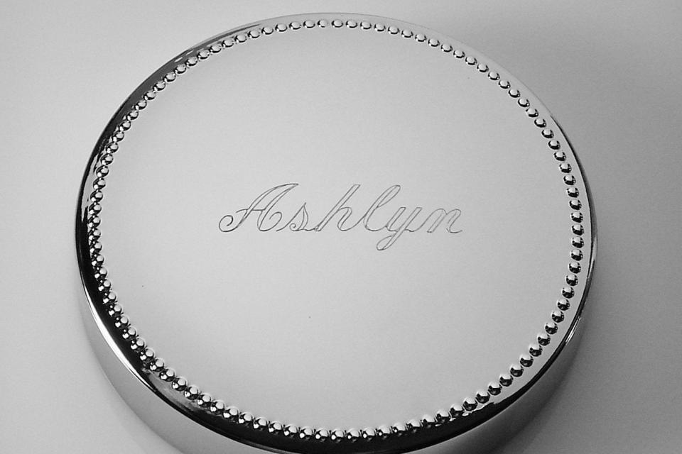 Custom Engraved Personalized Silver Round Jewelry Box with Beaded Trim - Hand Engraved