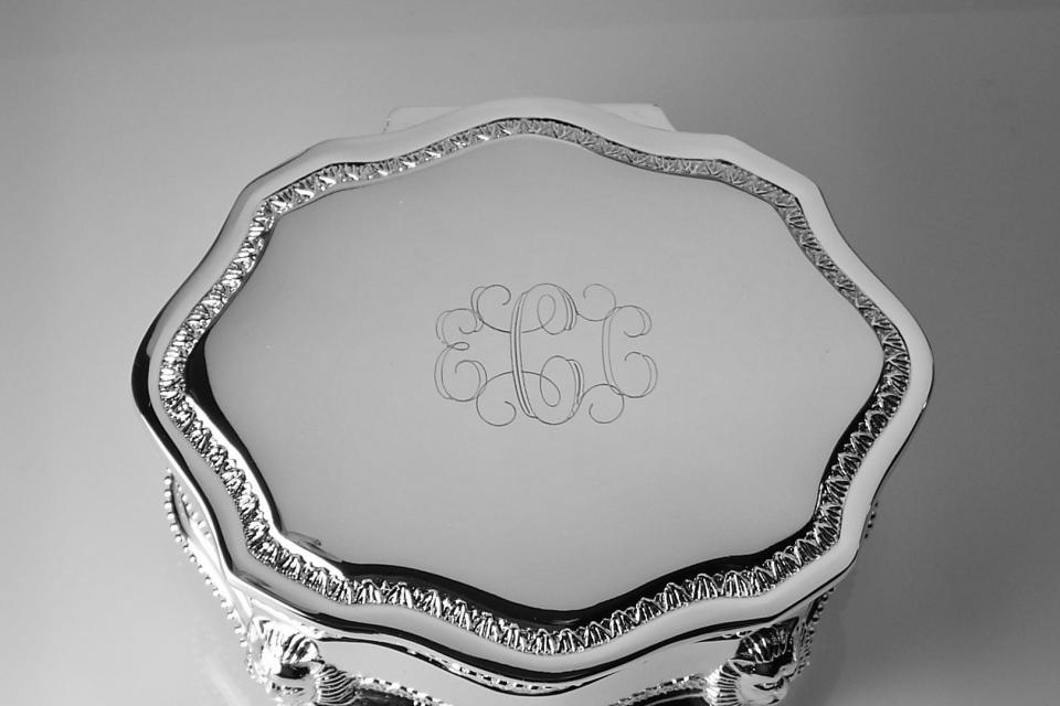 Custom Engraved Personalized Jewelry Box Silver Plated Victorian Design Footed Trinket Box - Hand Engraved