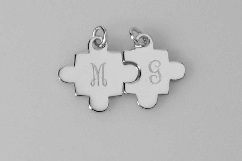 Sterling Silver Puzzle Pieces Set of Two Personalized Custom Engraved Petite Charms- Hand Engraved