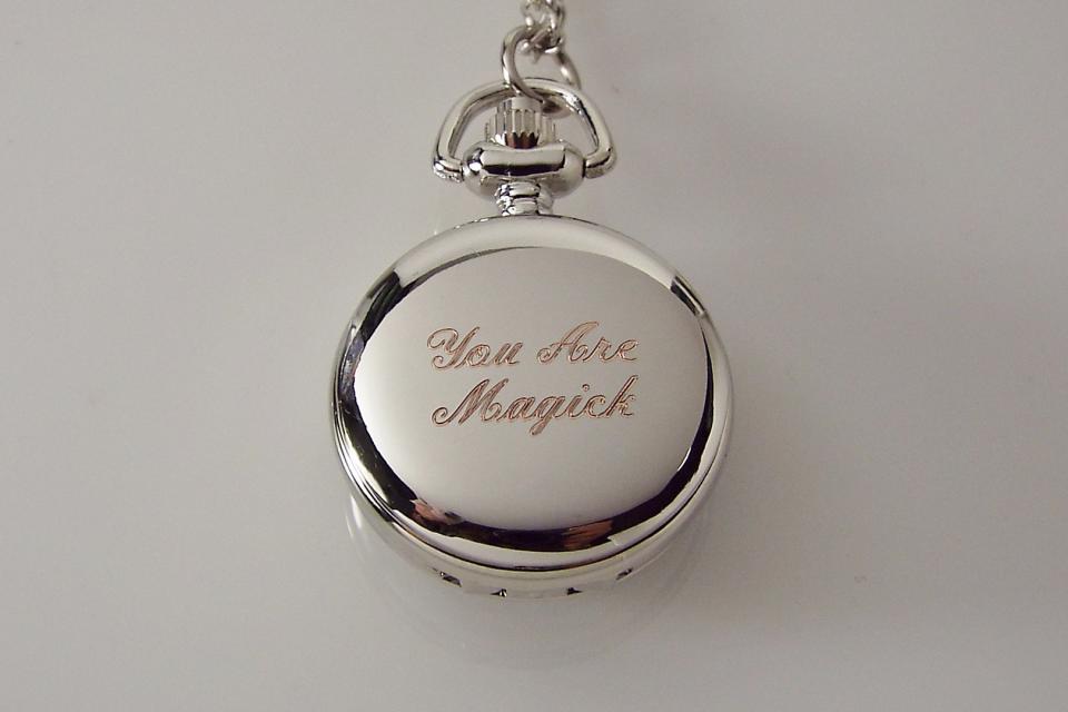 Personalized Pendant Watch Custom Engraved Necklace Watch White Enamel and Crystals - Hand Engraved