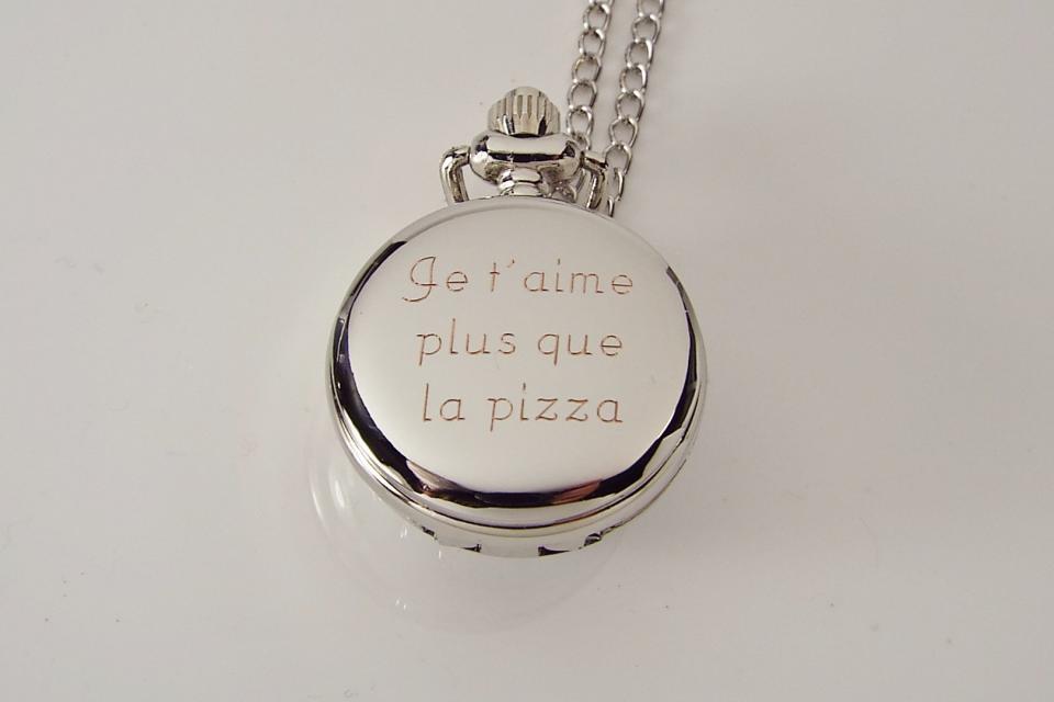 Personalized Pendant Watch Custom Engraved Necklace Watch White Enamel and Crystals - Hand Engraved