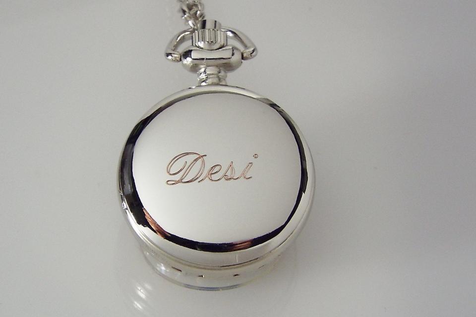 Personalized Pendant Watch Custom Engraved Necklace Watch Black Enamel and Crystals - Hand Engraved