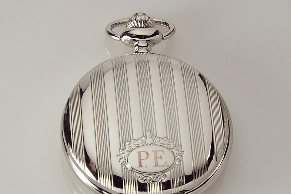 Pocket Watch Custom Engraved Personalized Quartz Watch with Vertical Stripes and Oval Crest - Hand Engraved