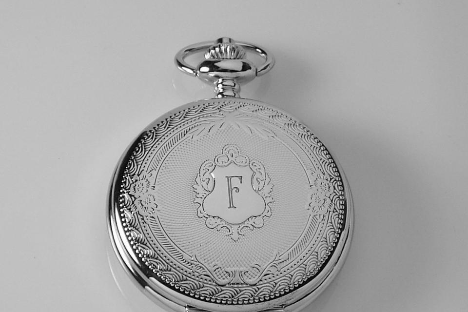 Engraved Pocket Watch Silver Crest Cover Personalized Quartz Battery Operated  - Hand Engraved