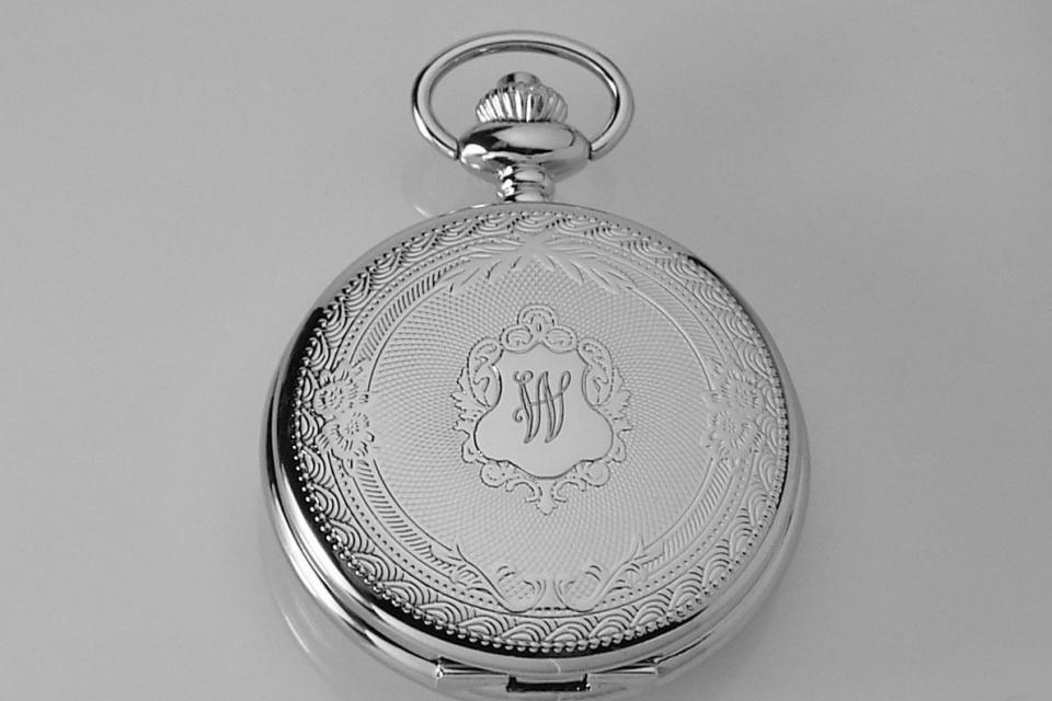 Engraved Pocket Watch Silver Crest Cover Personalized Quartz Battery Operated  - Hand Engraved