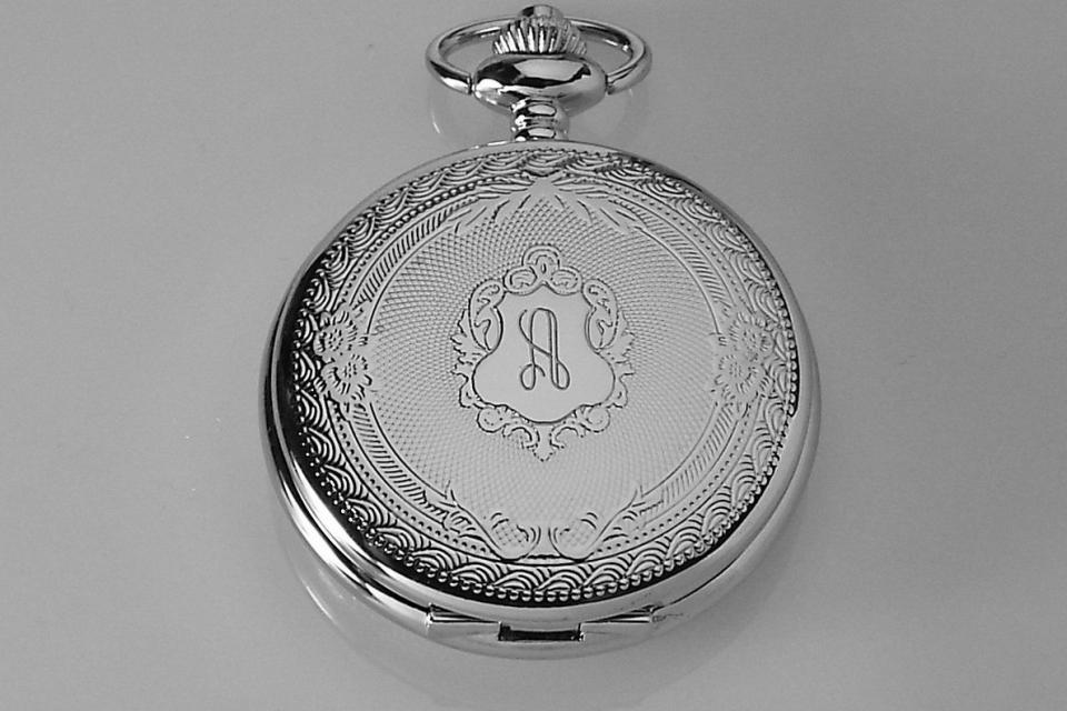 Engraved Pocket Watch Silver Crest Cover Personalized Quartz Battery Operated - Hand Engraved